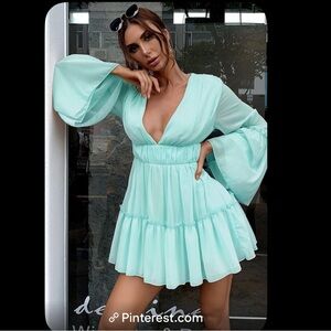 Deep V Tiered Ruffle Chiffon Mini Dress with bell sleeves - Size L